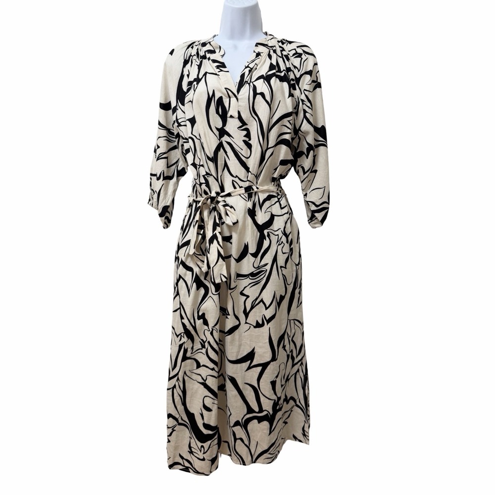 Kaktus Linen Blend Abstract Belted Midi Dress Size S Coastal Vacay Boho Cruise